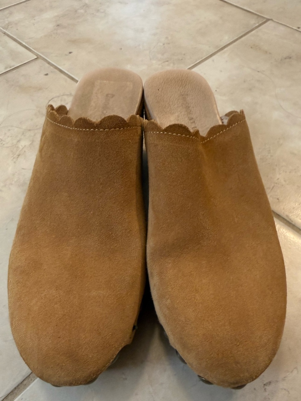 Chocolat Blu mustard Tan Suede Scallop clog with Brass Studs